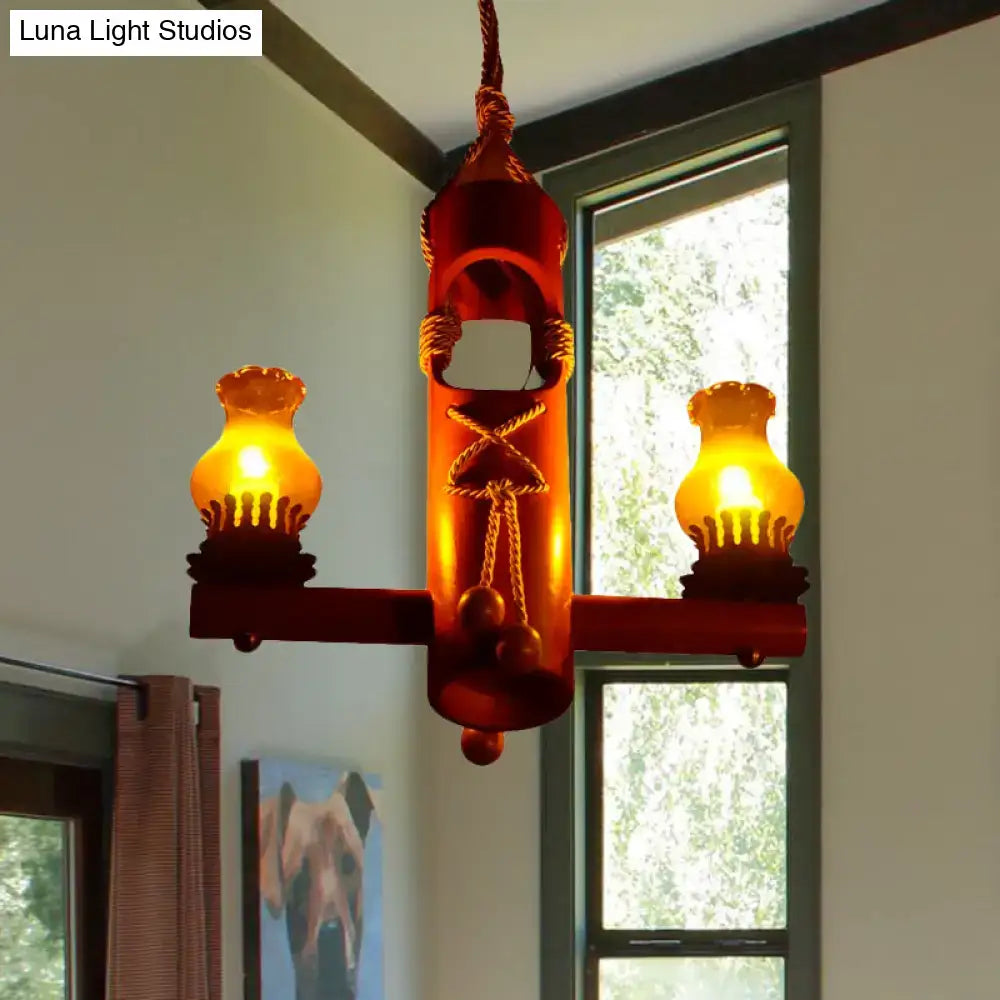 Decorbites™ retro black yellow pendant light with rustic red chandelier, amber glass lanterns, and rope detailing kerosene island light