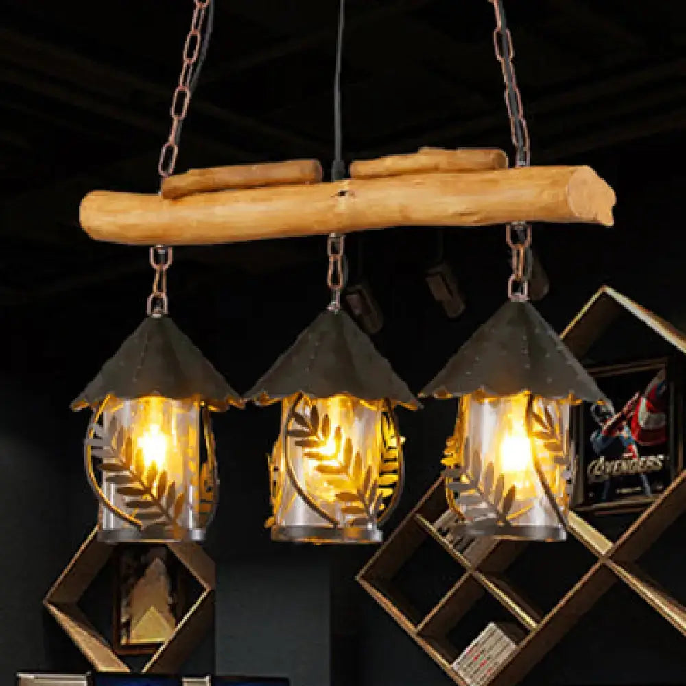 Decorbites rustic 3-head wooden beam pendant lamp with leaf-etched glass lanterns warm yellow glow 220v-240v led fluorescent lighting