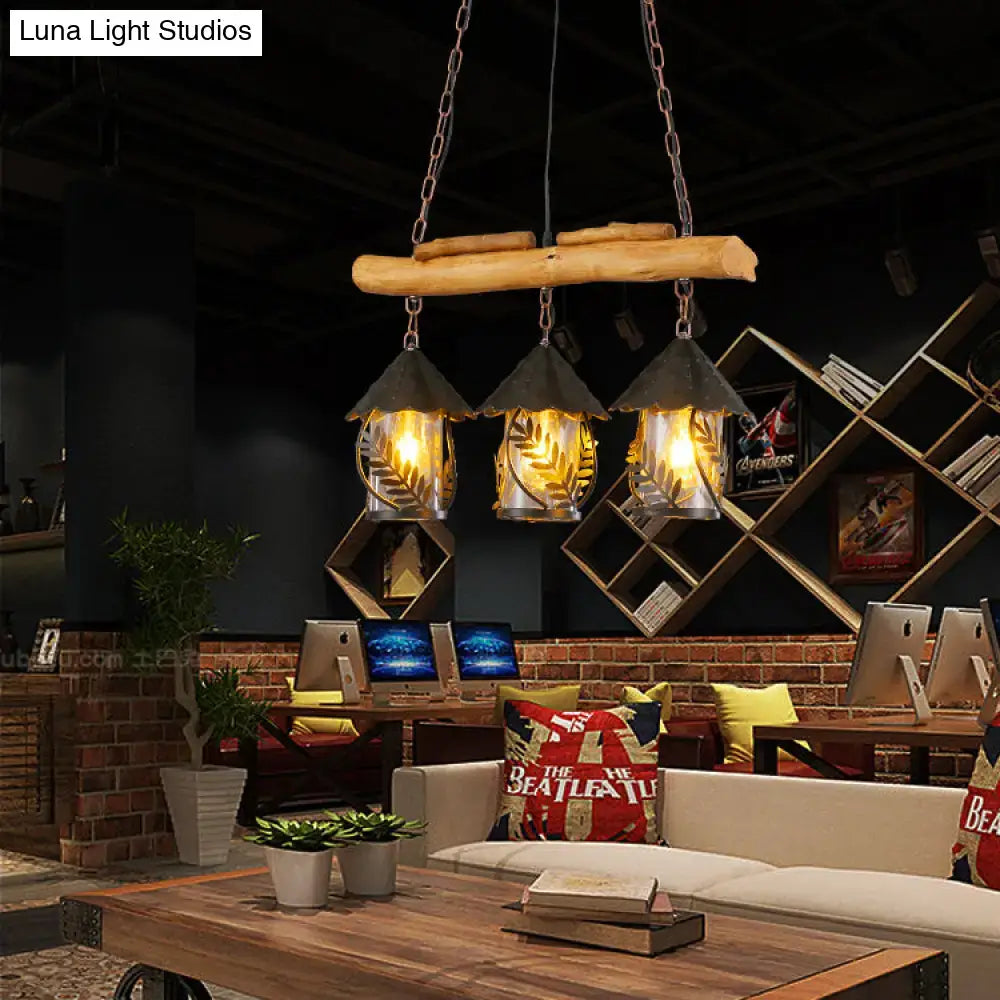 Rustic 3-head wooden beam pendant lamp with brass lantern island lighting compatible with 220v-240v and led bulbs
