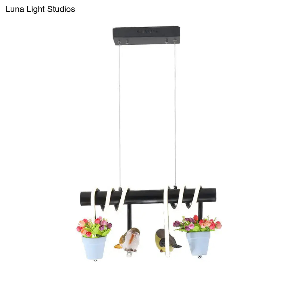 Black decorbites rustic led island pendant light with blue flower pots and bird figurines on white spiral cords