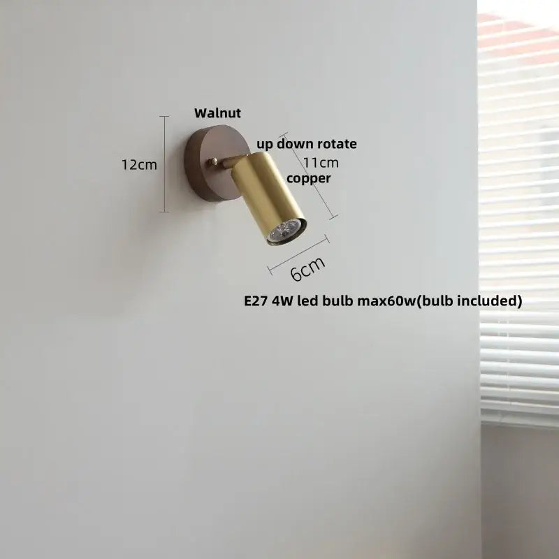 Rustic led walnut wood wall sconce with copper-finished adjustable spotlight and walnut wood base for bedroom decorbites led walnut