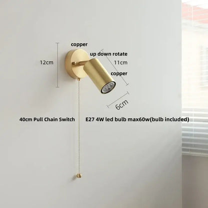 Copper-finished rustic led walnut wood wall sconce with adjustable spotlight and 40cm pull chain switch for bedroom decorbites led walnut