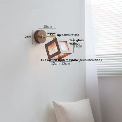 Rustic led walnut wood wall sconce with copper finish, clear glass cube fixture, and walnut wood base for bedroom decorbites led walnut