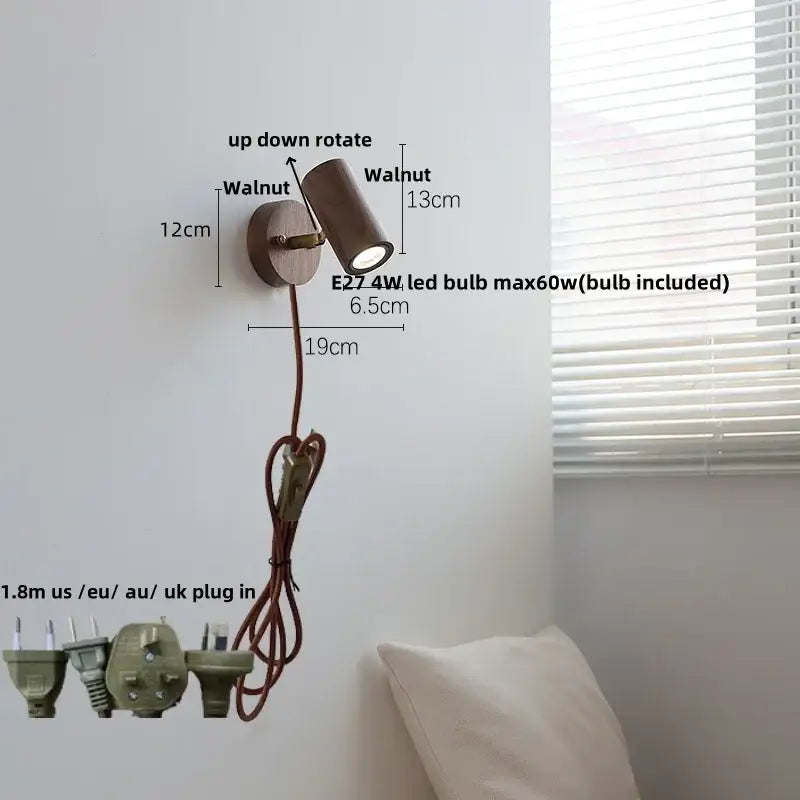 A sleek led walnut wood wall spotlight with 13cm cylindrical head and adjustable rotation for bedroom decorbites led walnut