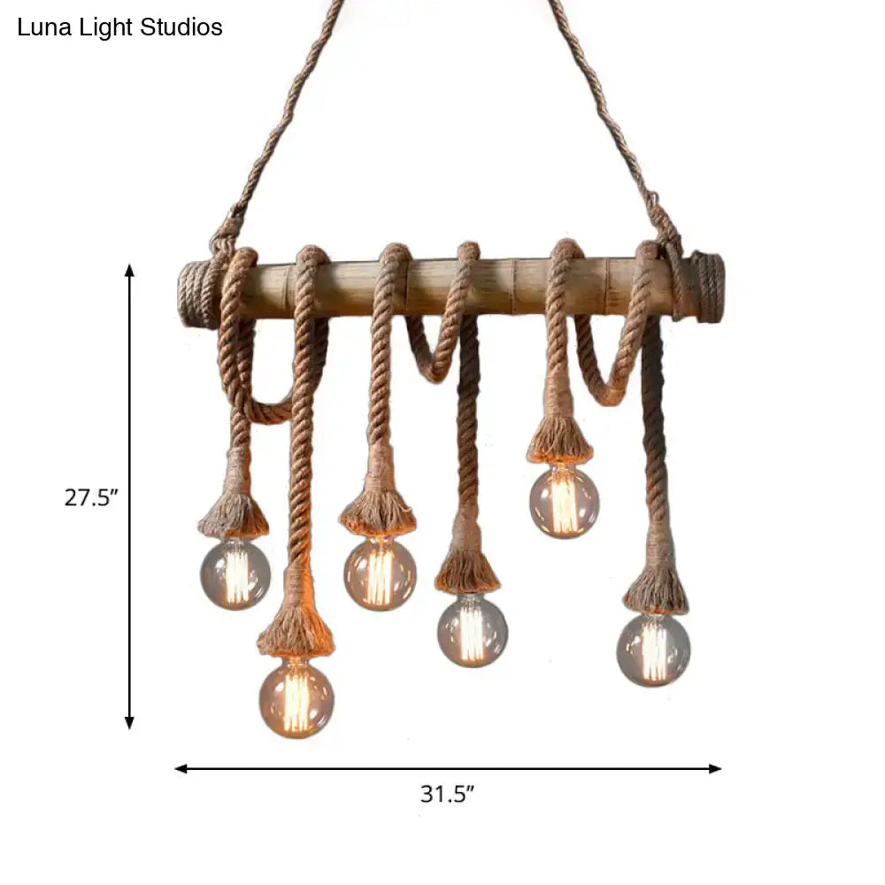 Rustic beige bamboo island light with natural rope detailing and exposed bulbs from decorbites lodge collection