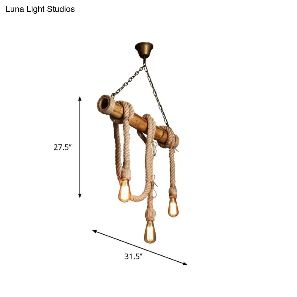 Rustic beige DecorBites Lodge industrial island light with adjustable natural rope and bamboo chandelier with exposed bulbs