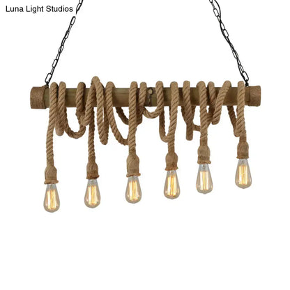 Rustic wooden island light with thick beige rope and five exposed filament bulbs from decorbites lodge industrial series