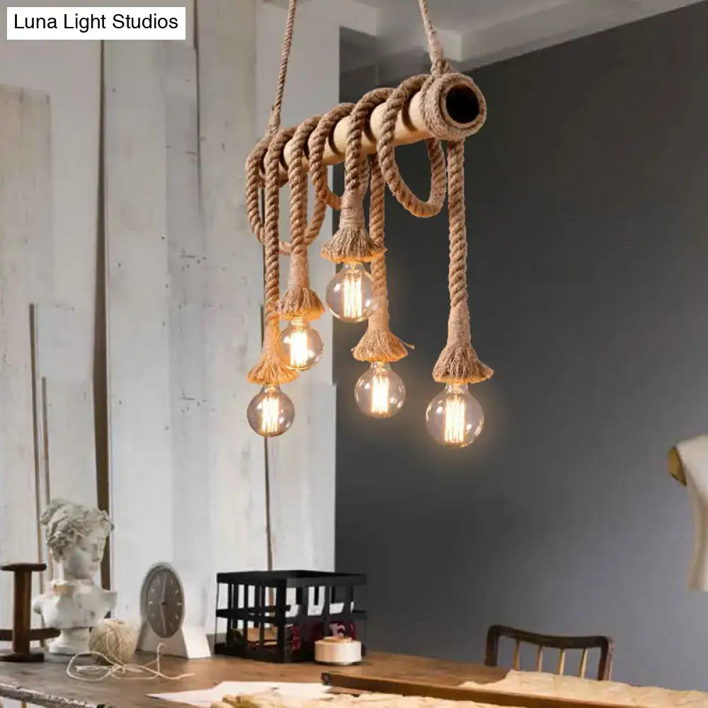 DecorBites lodge industrial beige island light with adjustable rope and bamboo pendant featuring exposed bulbs