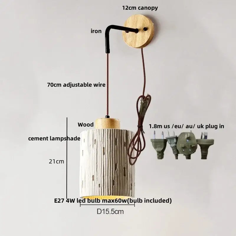 Rustic moon cylindrical cement led wall lamp with wood base and textured surface for bedroom decorbites cement led wall