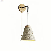 Rustic moon cement led wall lamp with textured light gray concrete shade and natural wood base for bedroom decorbites cement led