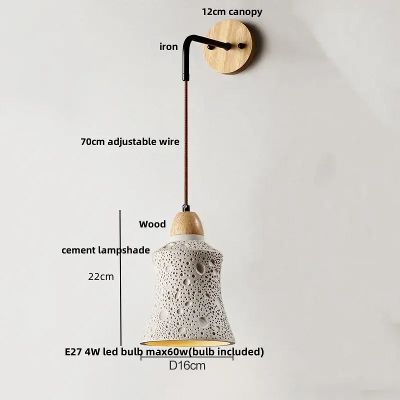 Rustic moon white cement led wall lamp with textured perforated lampshade and wooden canopy by decorbites cement led
