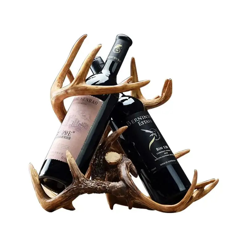 Rustic natural resin buckhorn wine holder decorbites buckhorn wine rack with antler design holding two dark bottles
