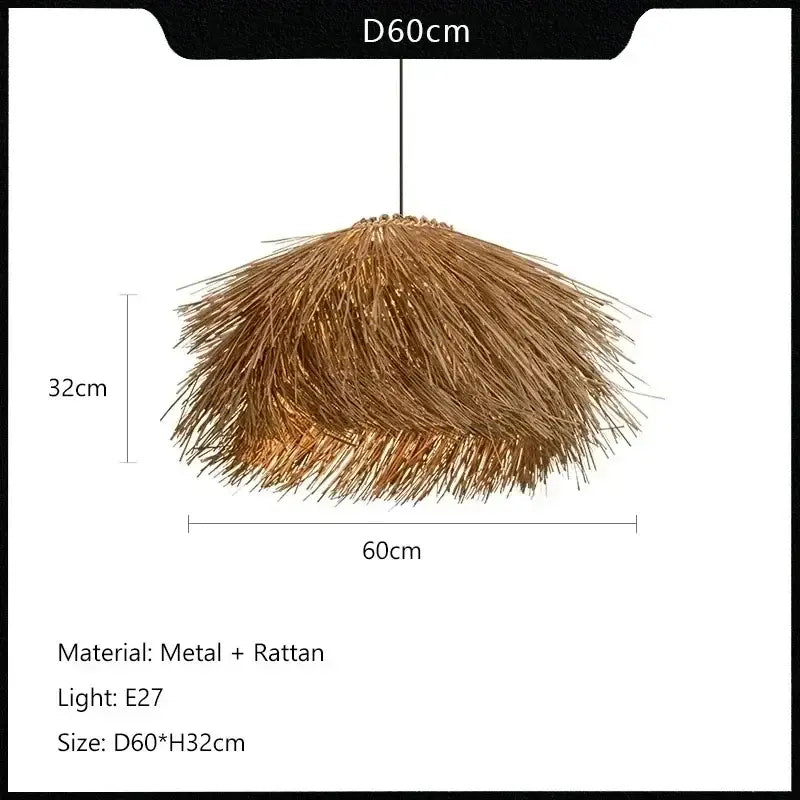 Rustic pendant light with natural straw shade in golden brown rattan and metal frame to bring warmth to dining rooms
