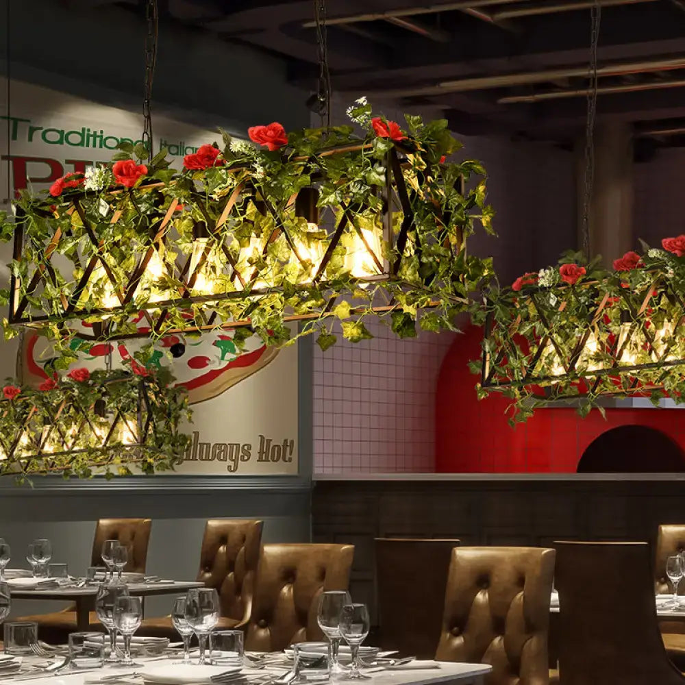DecorBites rectangular island ceiling light with 6 warm LED heads metal frame red green vines and roses for restaurant use