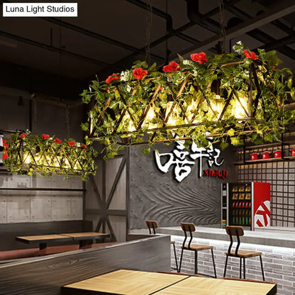 Decorbites™ rectangular island led metal ceiling light with red green flower plant accents and geometric frame