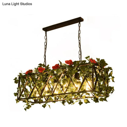 Rustic rectangular island ceiling light with dark metal frame red green flower accents and hanging chains for restaurants