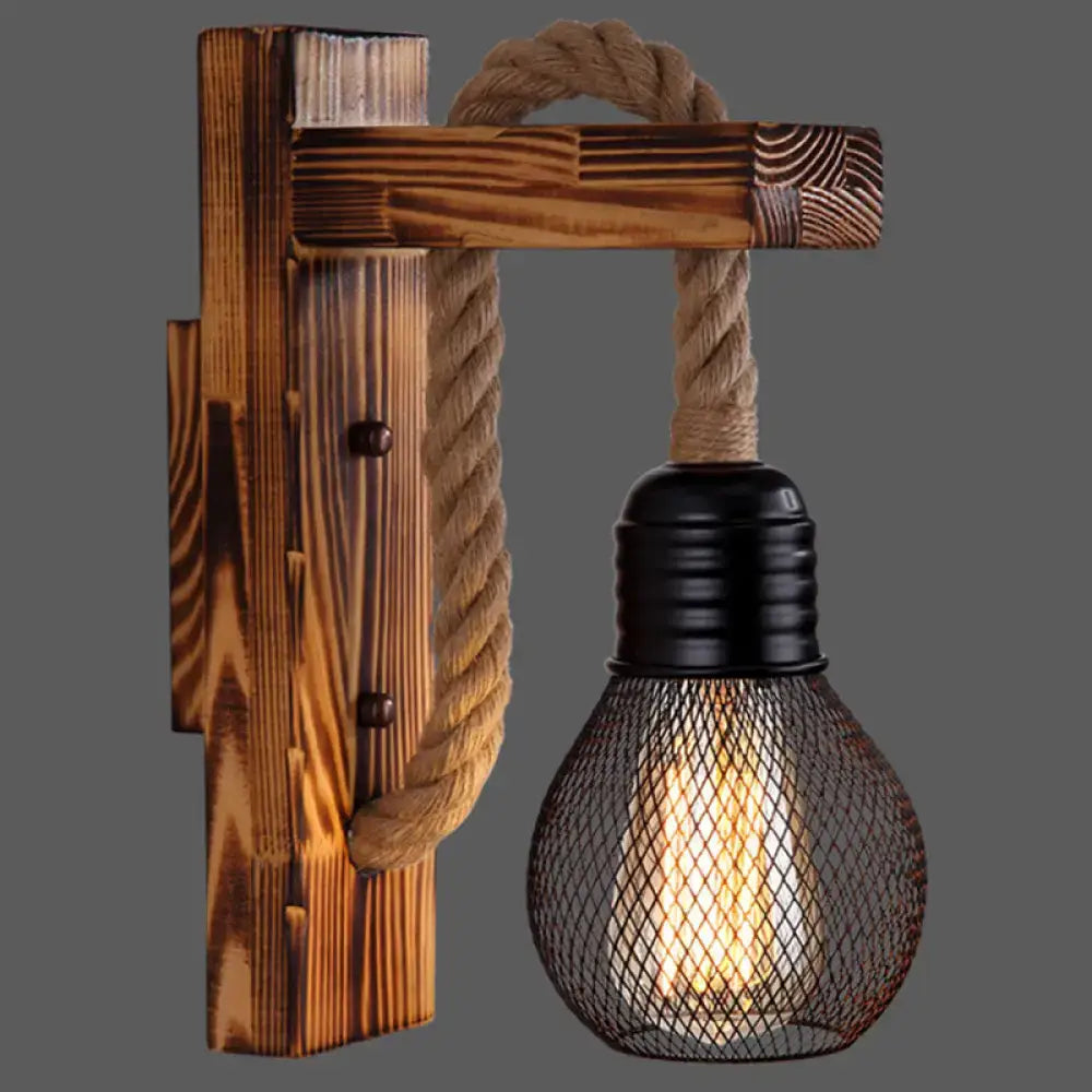DecorBites™ l-shaped wooden wall light with rustic rope arm and black metal mesh for e26 e27 bulbs perfect farmhouse lighting