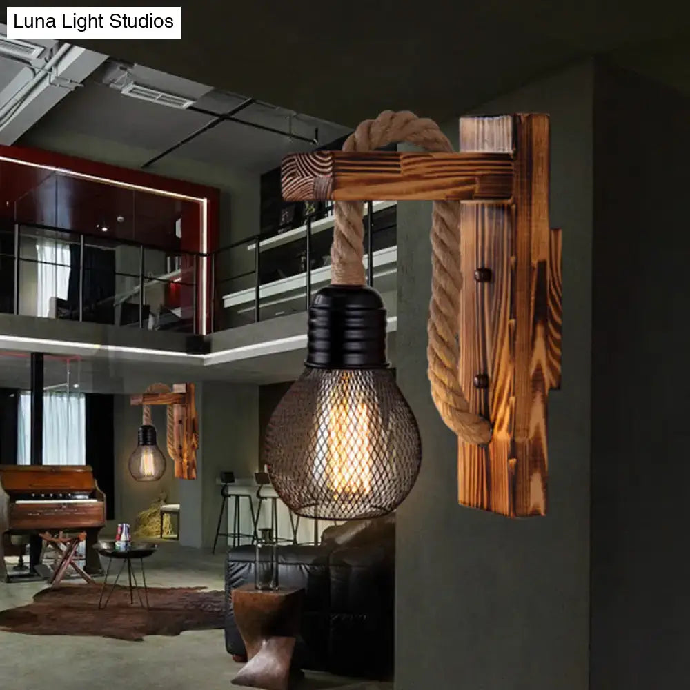 Decorbites™ l-shaped wooden wall light with black metal e26 e27 bulb holder, mesh cage, and natural rope arm for farmhouse decor