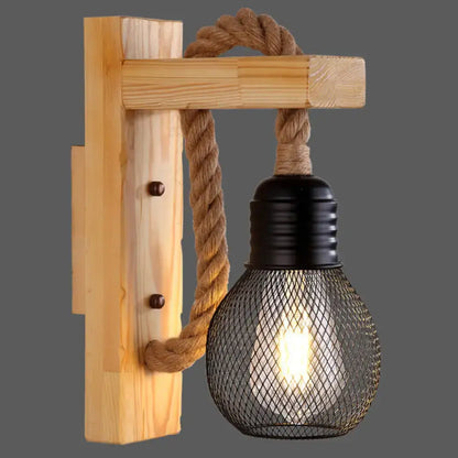 Rustic wooden wall light with thick braided rope and black metal e26 e27 bulb housing for farmhouse bedroom decor