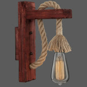 DecorBites™ L-shaped wooden wall light with rustic red finish, beige rope, frayed tassel, and e26 e27 bulb socket