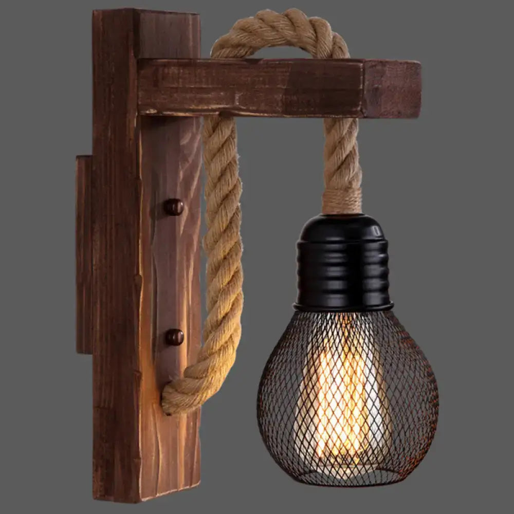 Rustic decorbites wooden wall light with thick beige rope and black mesh cage for e26 e27 bulbs in farmhouse bedroom