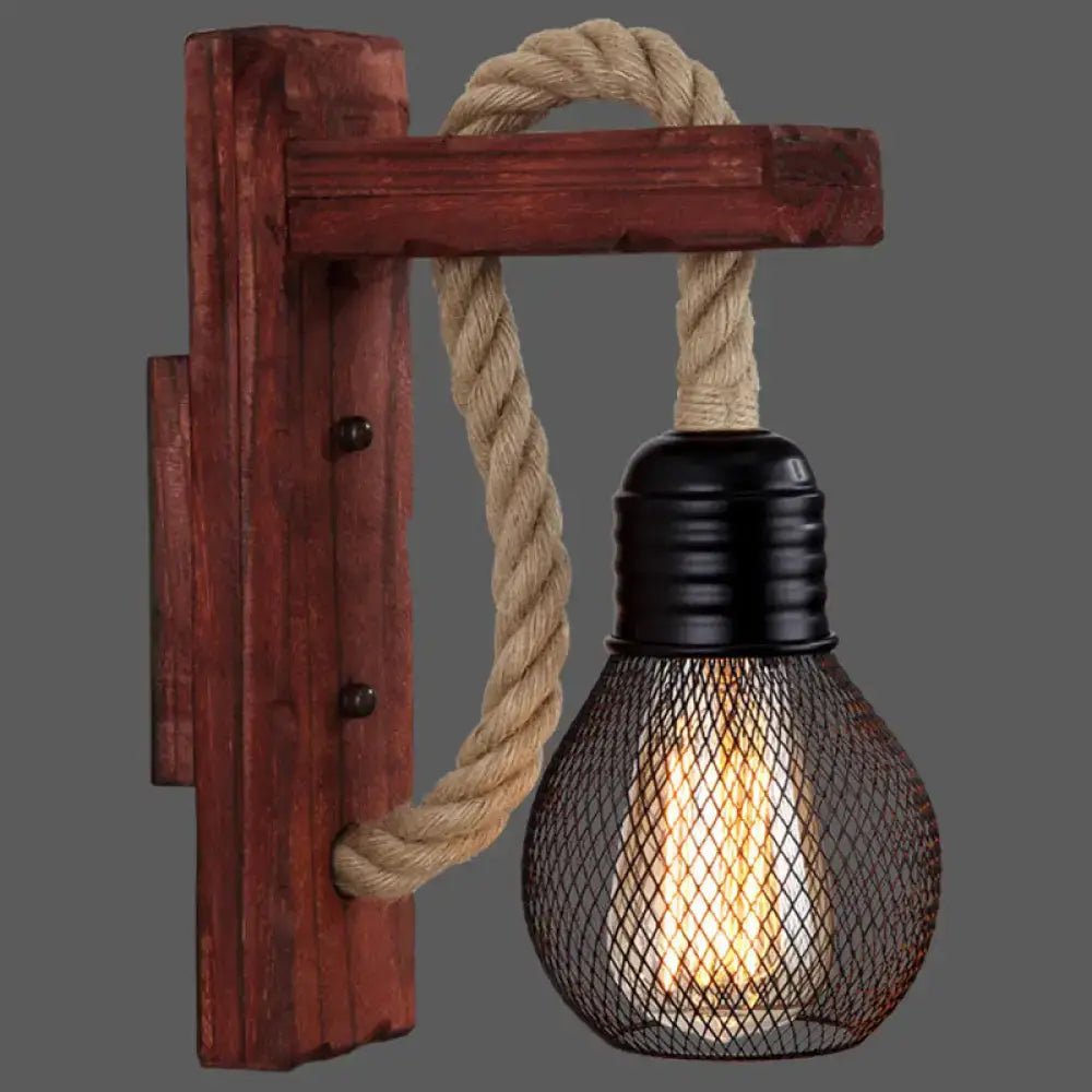 DecorBites™ l-shaped wooden wall light with beige rope arm and e26 e27 filament bulb in black mesh for farmhouse decor