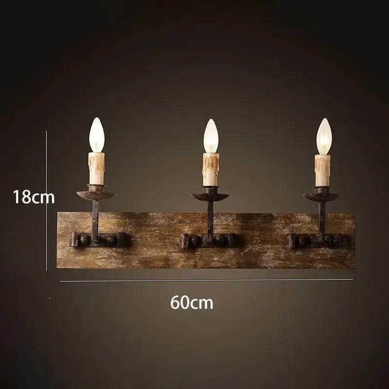 Rustic solid wood wall light with three wrought iron candle holders and vintage bulbs for decorbites country retro decor