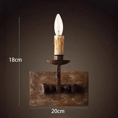 Rustic solid wood wall light with wrought iron candle sconce and distressed base for decorbites country retro decor