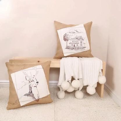 Rustic tan burlap pillow cover with black and white embroidered fashion pillow designs of deer and house panels