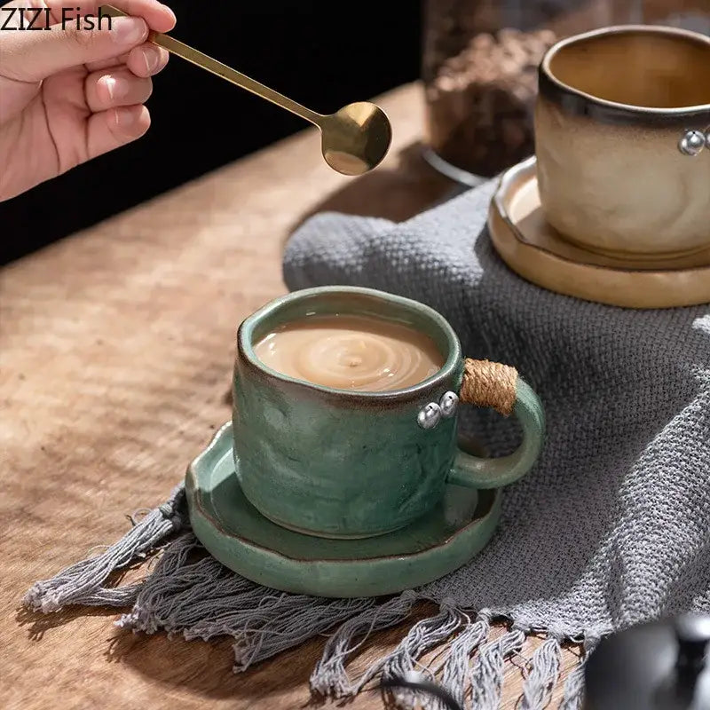 Handcrafted teal coarse pottery cup with rustic textured finish and twine-wrapped handle by decorbites coarse pottery