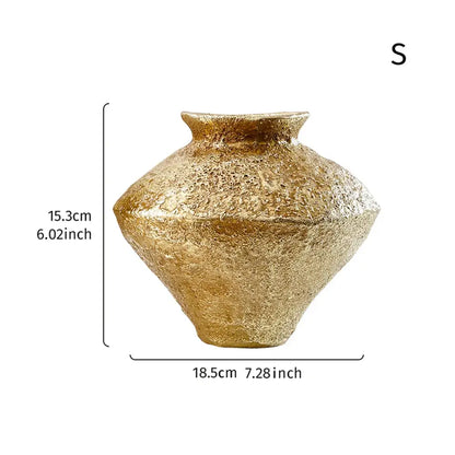 Gold-finished ceramic vase with textured rustic surface and geometric shape for living room decorbites golden vase resin handicraft