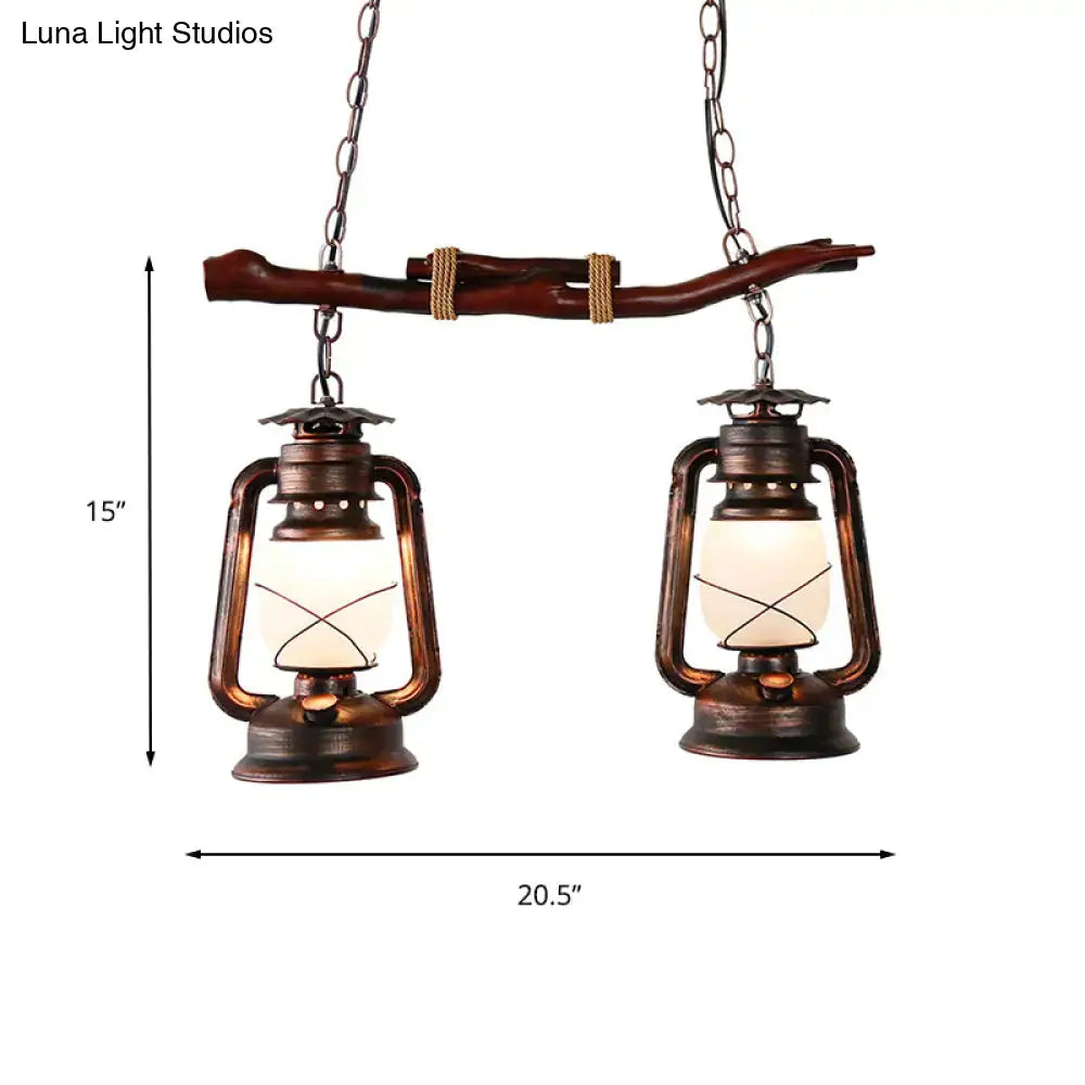 Rustic bronze 2-light lantern island pendant light with natural wood branch accent for dining room by decorbites