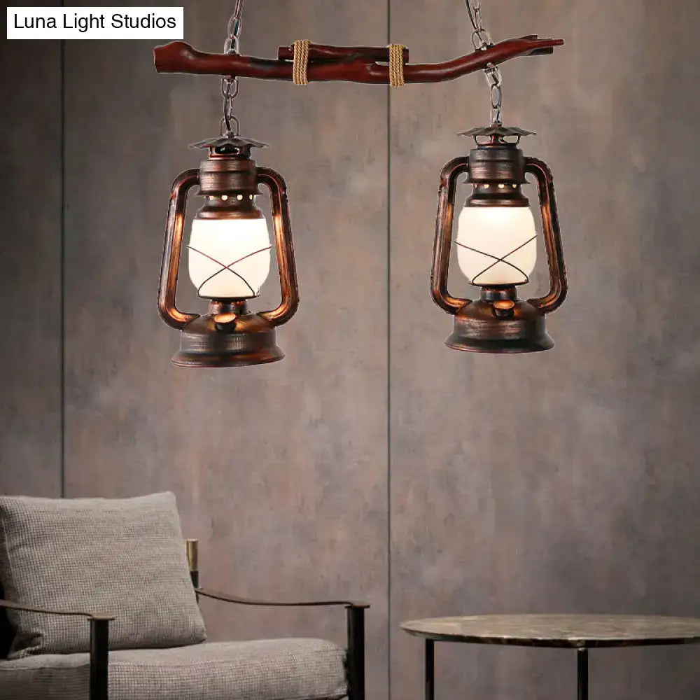 Decorbites vintage aged copper 2-light lantern island pendant with bronze finish and frosted glass globes for dining room