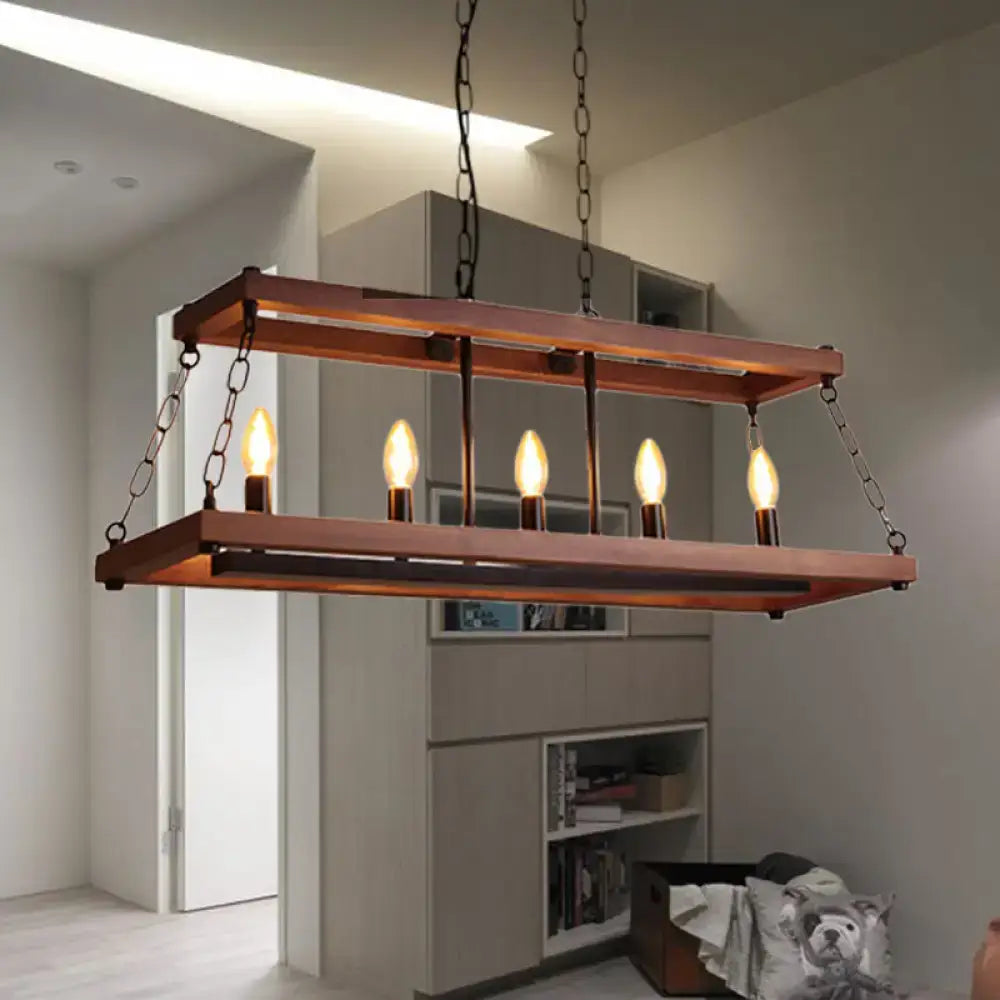 Rustic vintage brown wood chandelier with industrial rectangular copper frame and five exposed filament bulbs for dining rooms