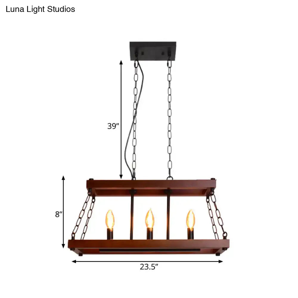Rustic vintage brown wood chandelier with dark wood rectangular pendant and three exposed Edison bulbs for dining room island light