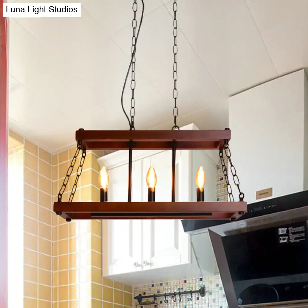 Rustic vintage brown wood chandelier with dark brown wooden rectangular pendant and three filament bulbs for dining room island lighting