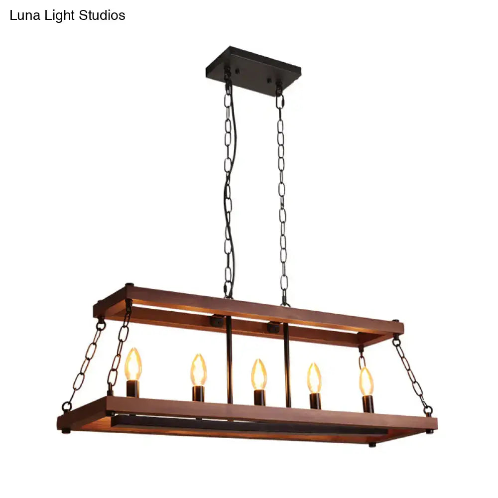 Rustic vintage brown wood rectangular chandelier with five warm bulbs and black metal chains for dining room island lighting