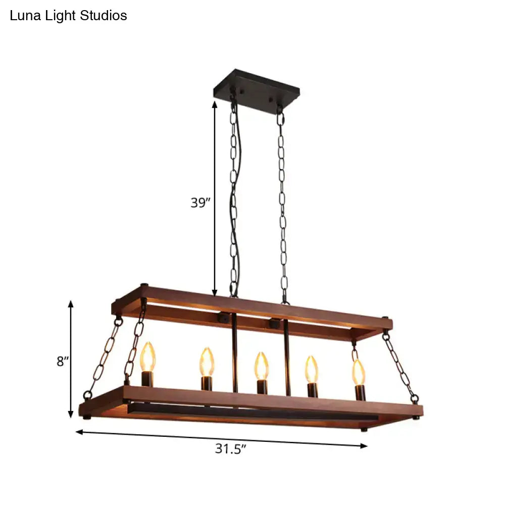 Rustic vintage brown wood chandelier with five exposed Edison bulbs and black metal chains for dining room island light