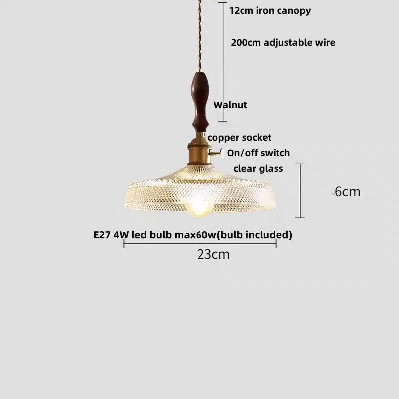 Rustic walnut and brass cullet glass led pendant dining room light with dark walnut handle and clear textured glass shade