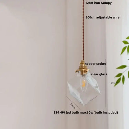 Rustic walnut and brass cullet glass led pendant with clear faceted glass, brass copper socket, and brown braided wire for dining room decorbites cullet glass