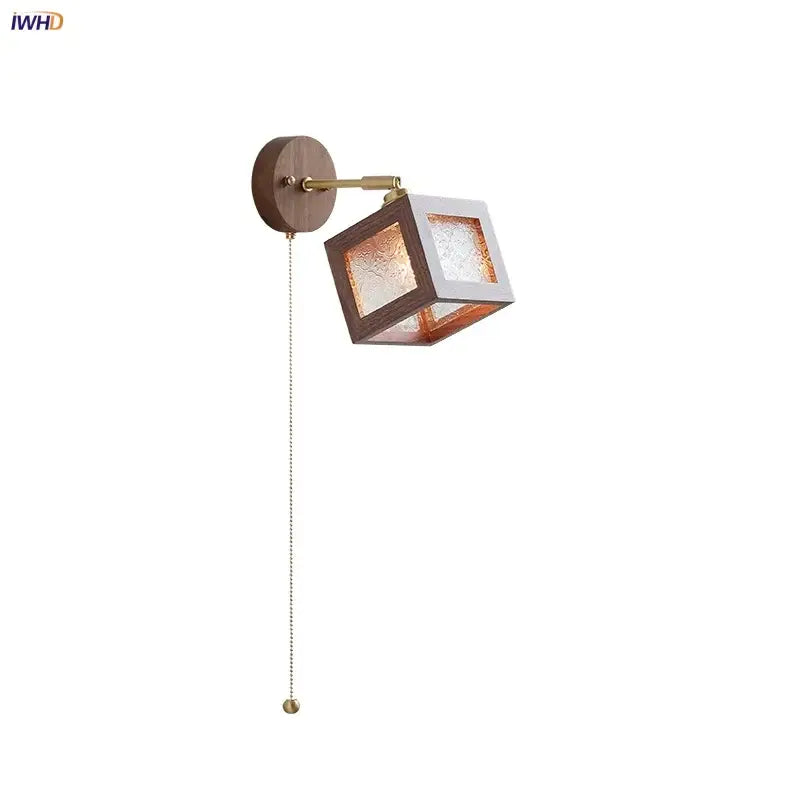 Rustic walnut and brass led wall lamp with frosted glass panels designed as a wooden cube dining room sconce