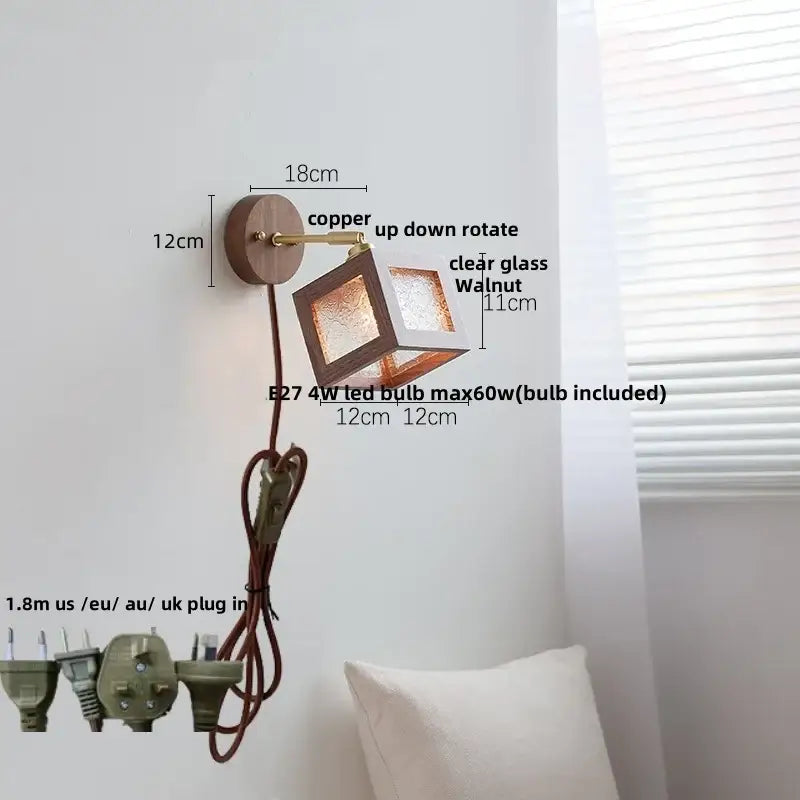 Copper-finished wall sconce with square walnut wood frame and adjustable arm for decorbites led bathroom lighting