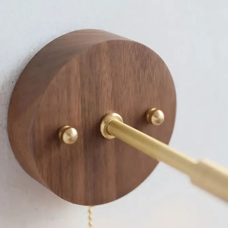 Rustic walnut wood and brass wall sconce with sleek circular design and polished brass stem for decorbites led lighting
