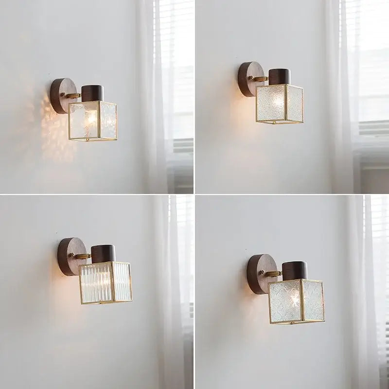 Rustic walnut wood and brass wall sconce with clear glass and dark bronze metal base for bedroom lighting