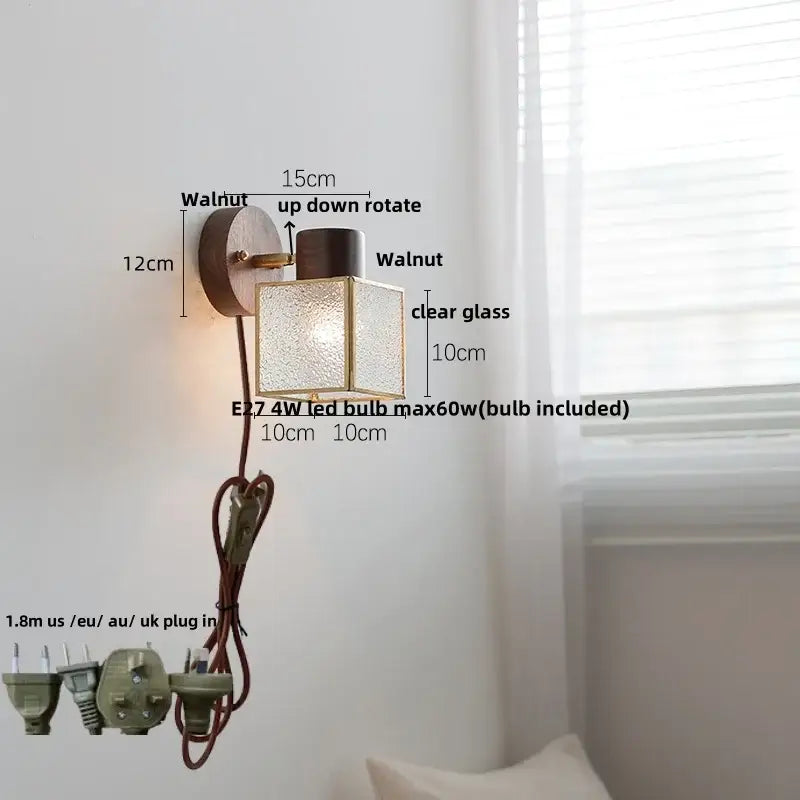 Rustic walnut wood and brass wall sconce with clear textured glass cube for bedroom lighting fixture