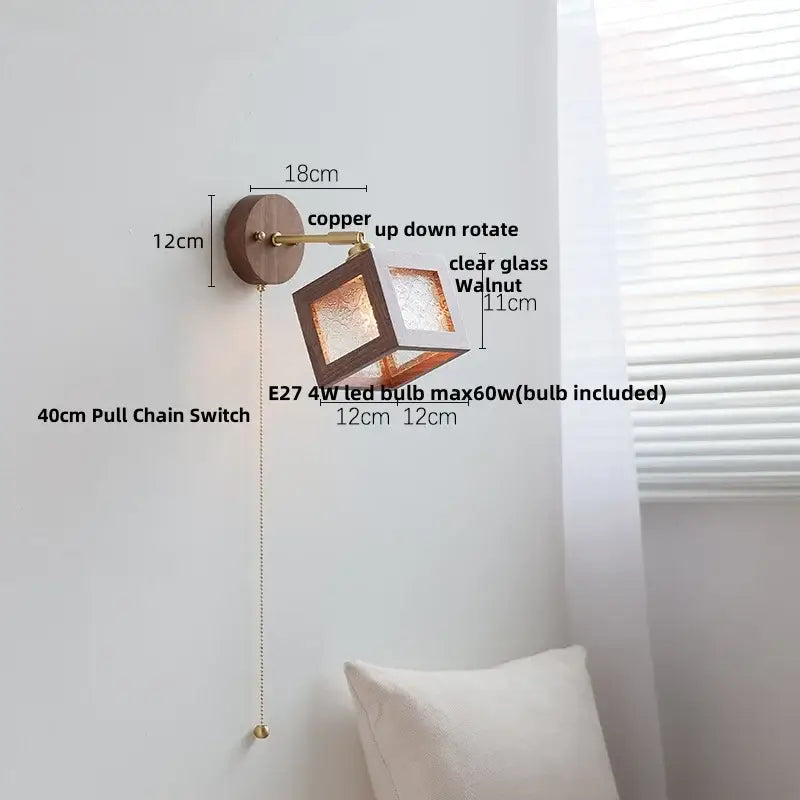 Rustic wall sconce with copper finish clear glass and walnut wood cube design for bedroom lighting fixture