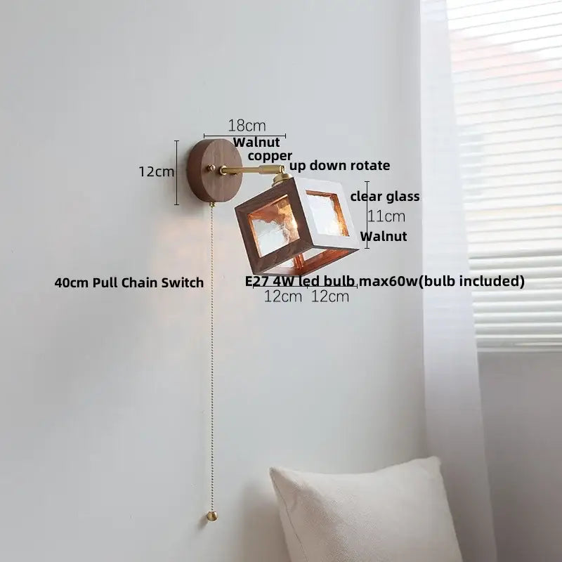 Rustic walnut wood and copper wall sconce with clear glass panels for bedroom lighting fixture