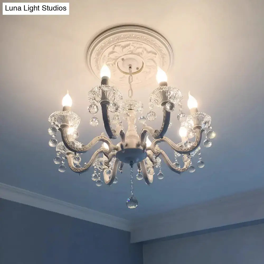 DecorBites™ rustic metal candle suspension lamp in white with crystal draping and candle-style bulbs for corridor lighting