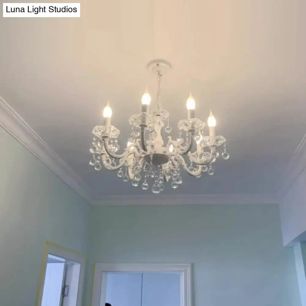 Decorbites™ rustic metal candle suspension lamp in white with five candle bulbs and clear crystal draping