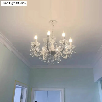 Decorbites™ rustic metal candle suspension lamp in white with five candle bulbs and clear crystal draping
